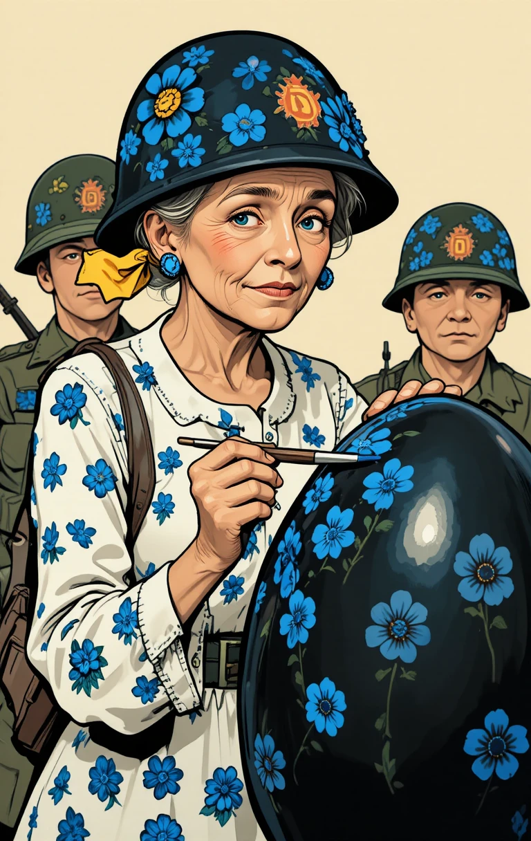 Idosa pintando flores azuis em um ovo preto