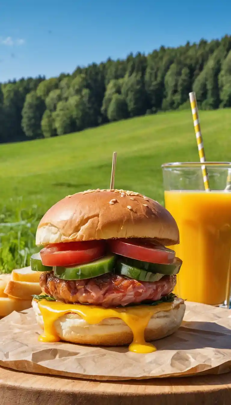 Close up juicy smash burger on wooden board outdoors