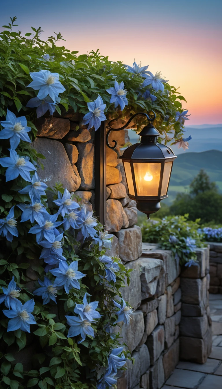 Muro de Pedra Iluminado por Lanterna com Clematis Azul ao Crepúsculo