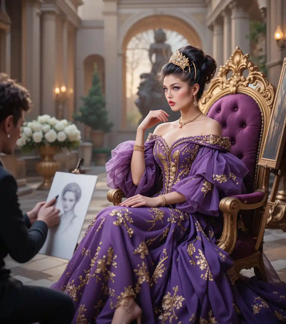 Regal woman posing on a throne in a grand courtyard