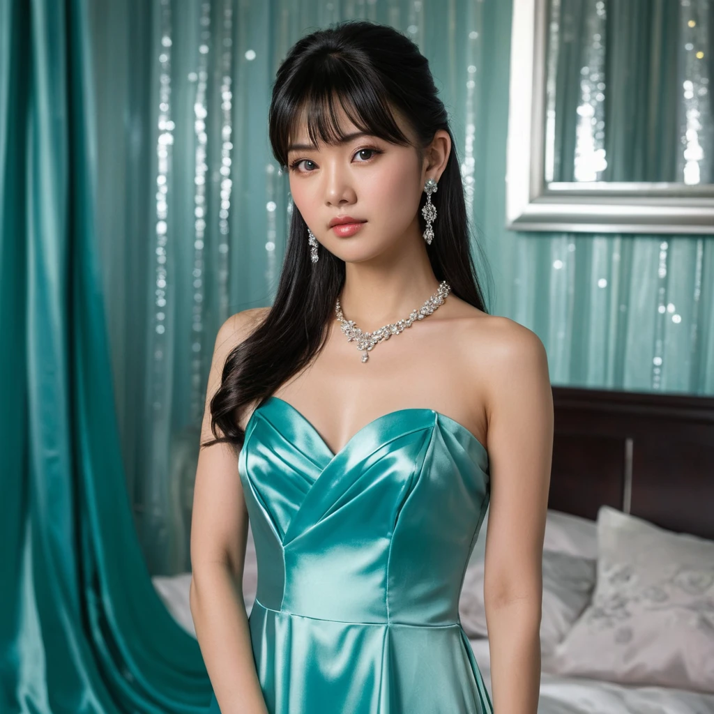 Jovem elegante com vestido de noite em cetim turquesa