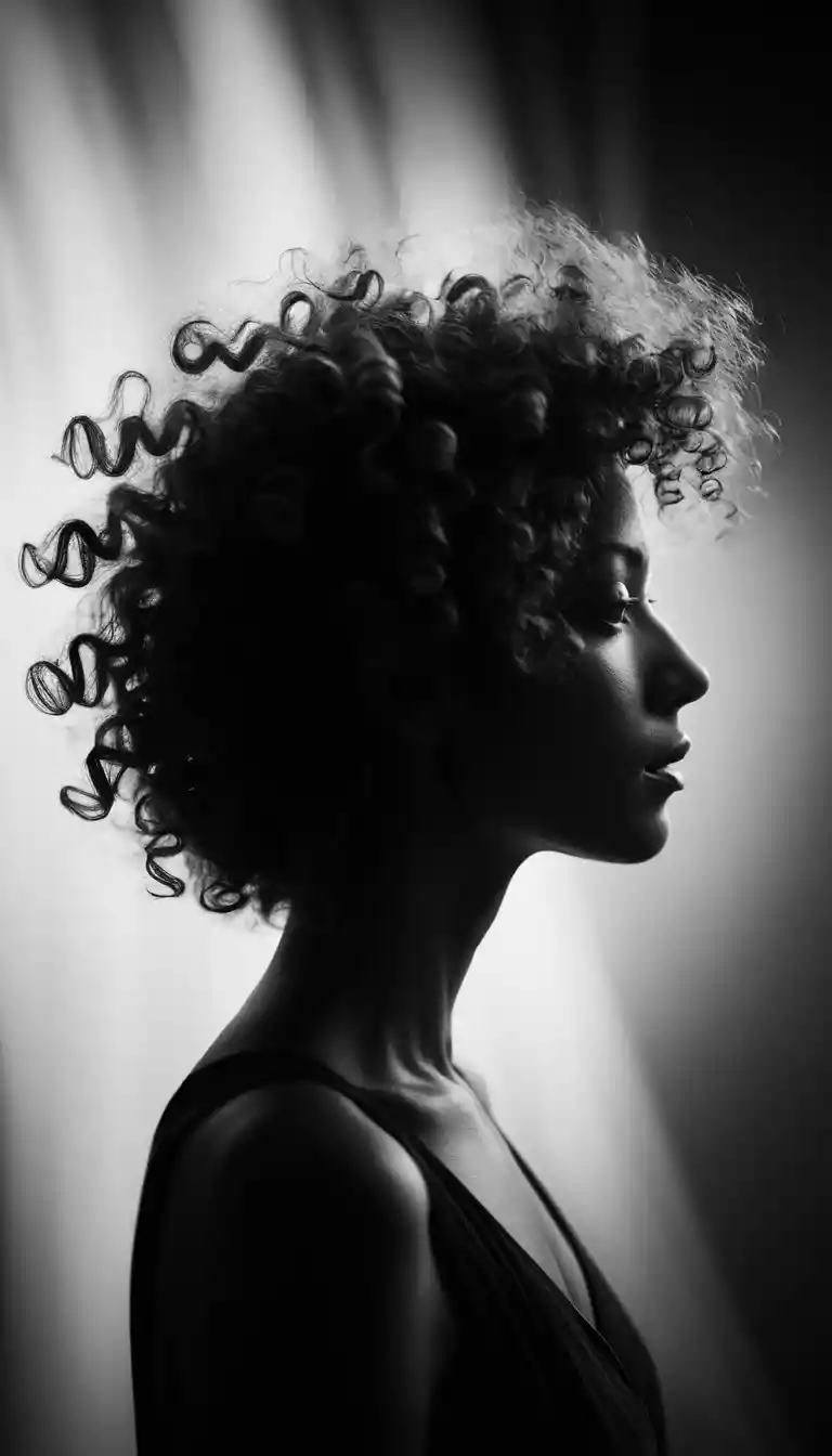 Black and white profile portrait of a woman in motion