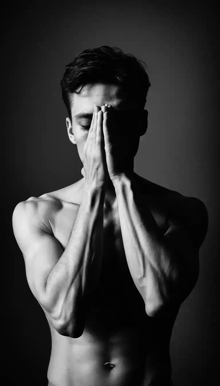 Dramatic torso with hands obscuring the face in shadow