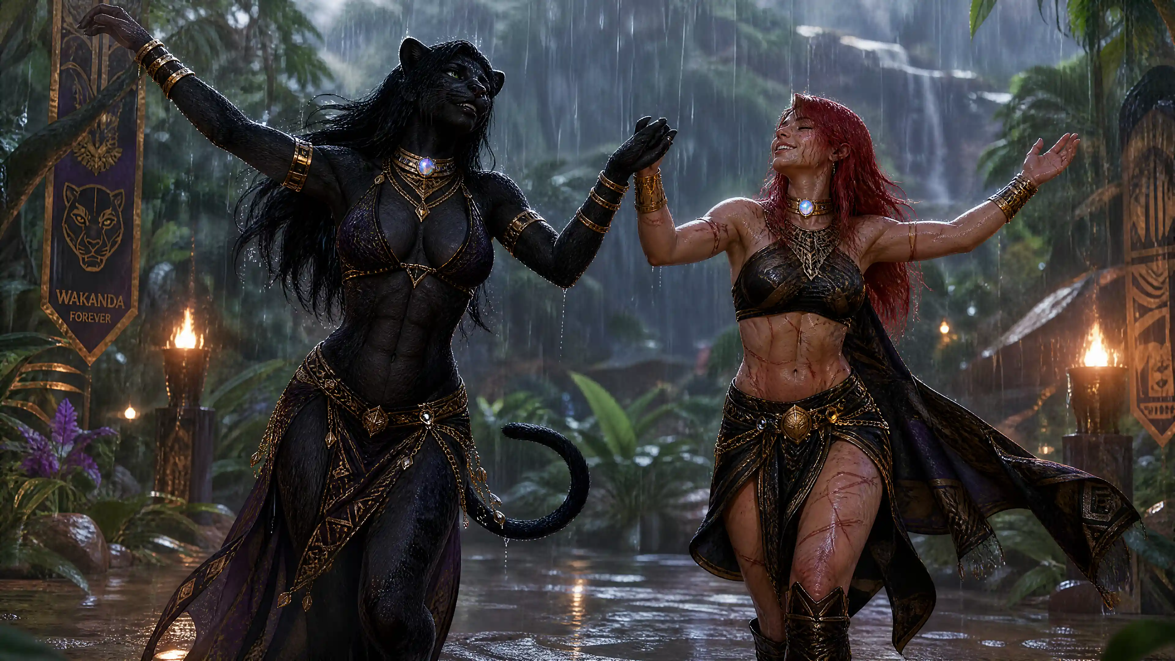 Two warrior queens dancing in a tropical jungle rain