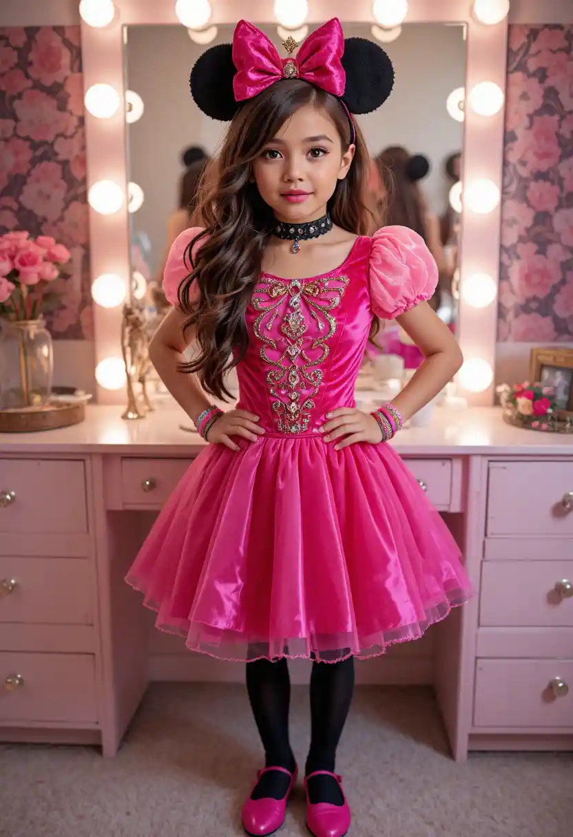 Tween boy in princess costume posing by bedroom vanity