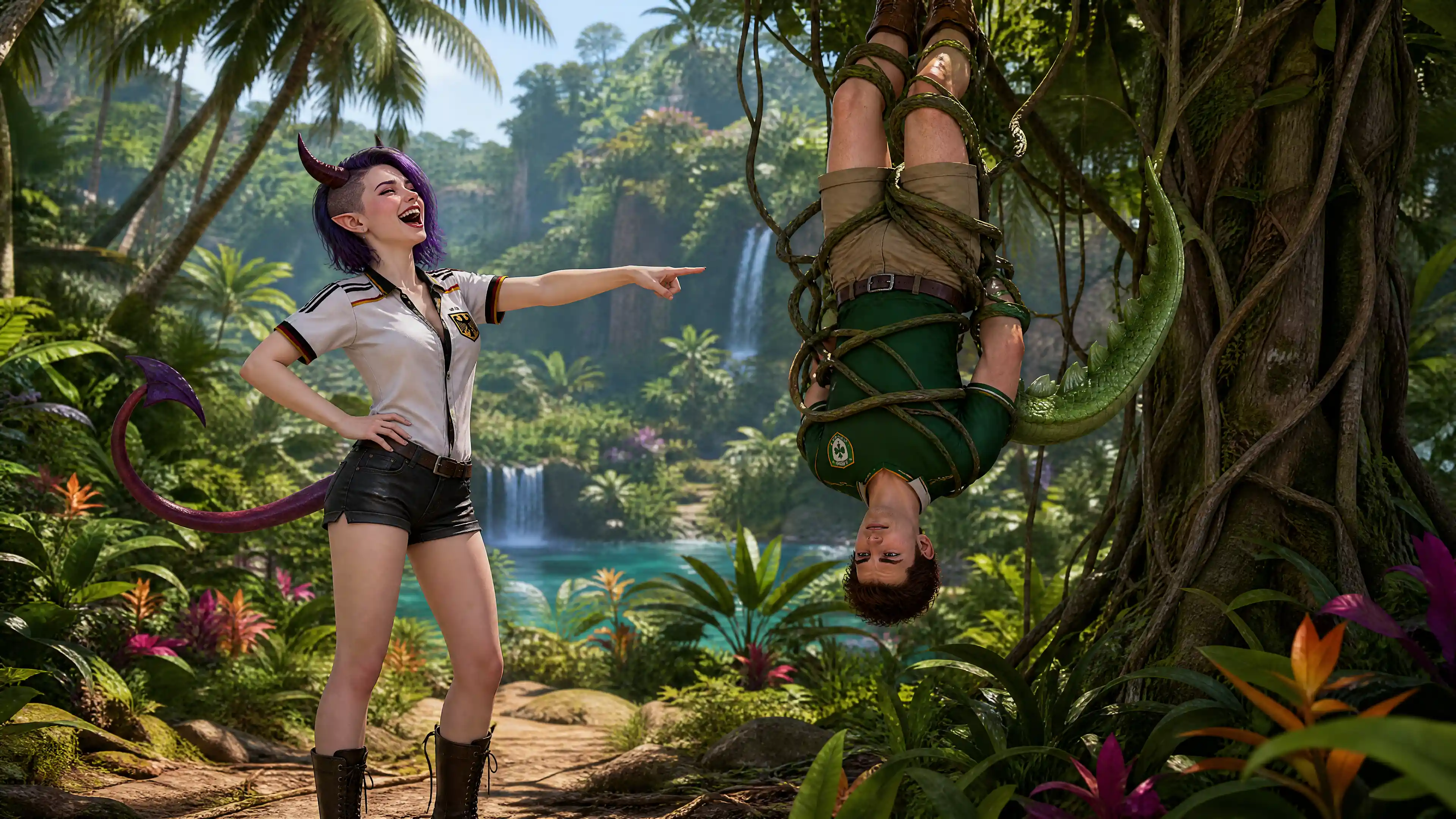Laughing succubus wife watching husband tangled in vines
