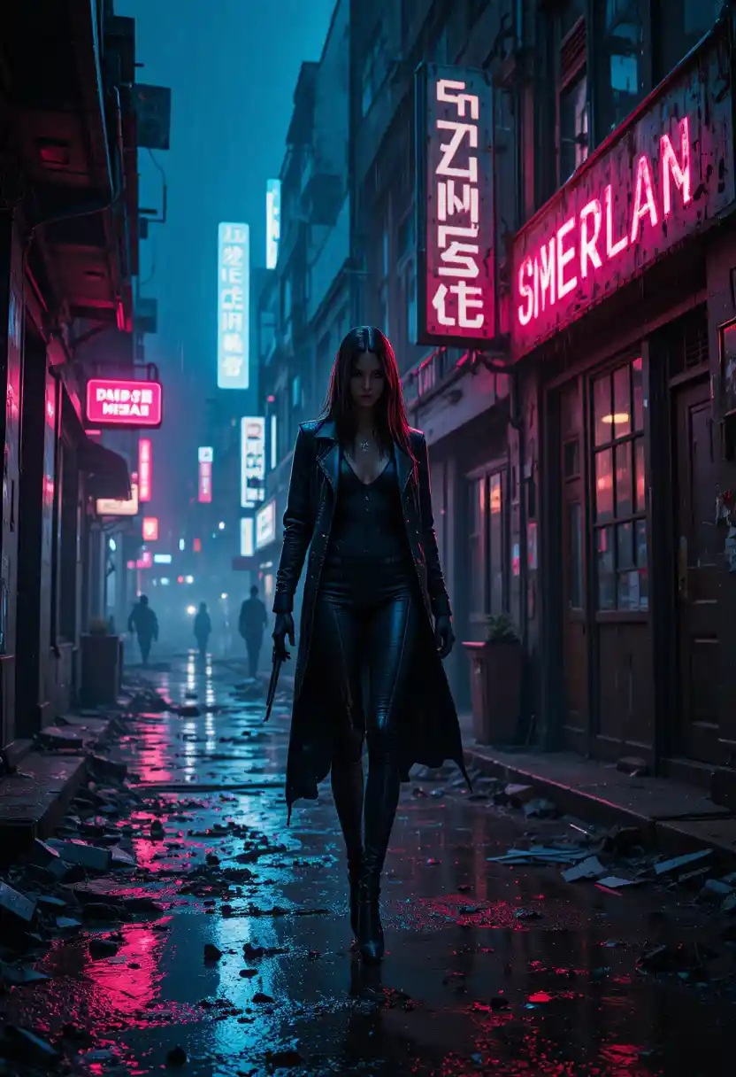 Female android assassin in a neon drenched cyberpunk city