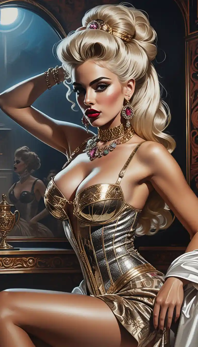 Neon lit courtesan inspired fashion goddess pinup portrait