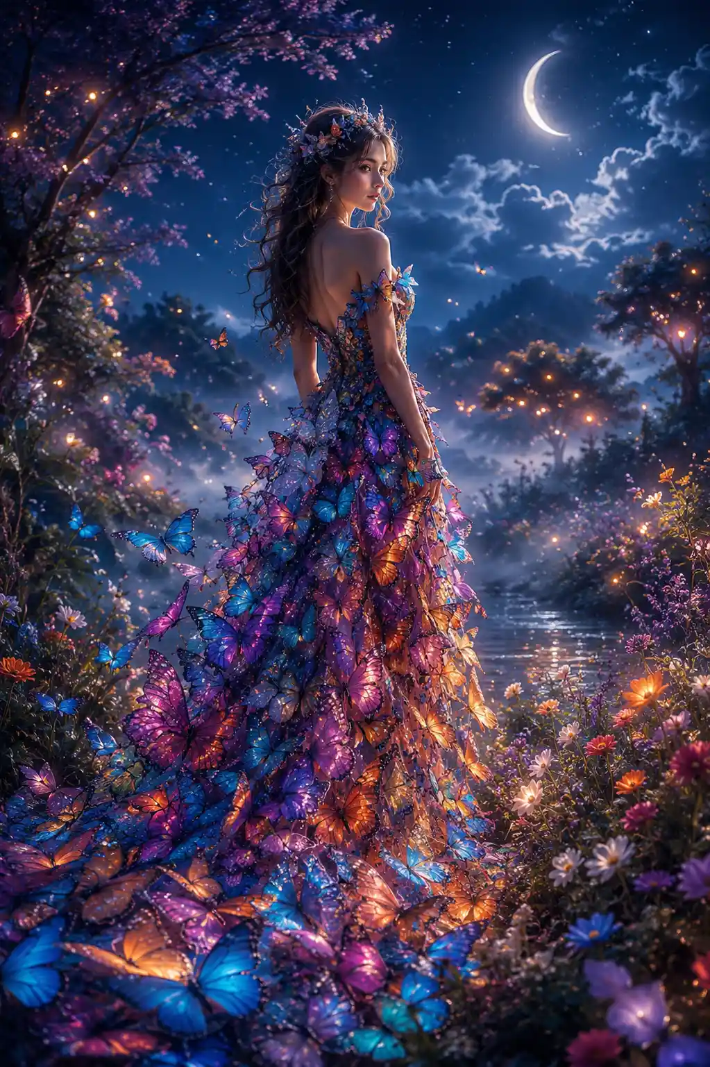 Mystical woman in a butterfly gown under crescent moon
