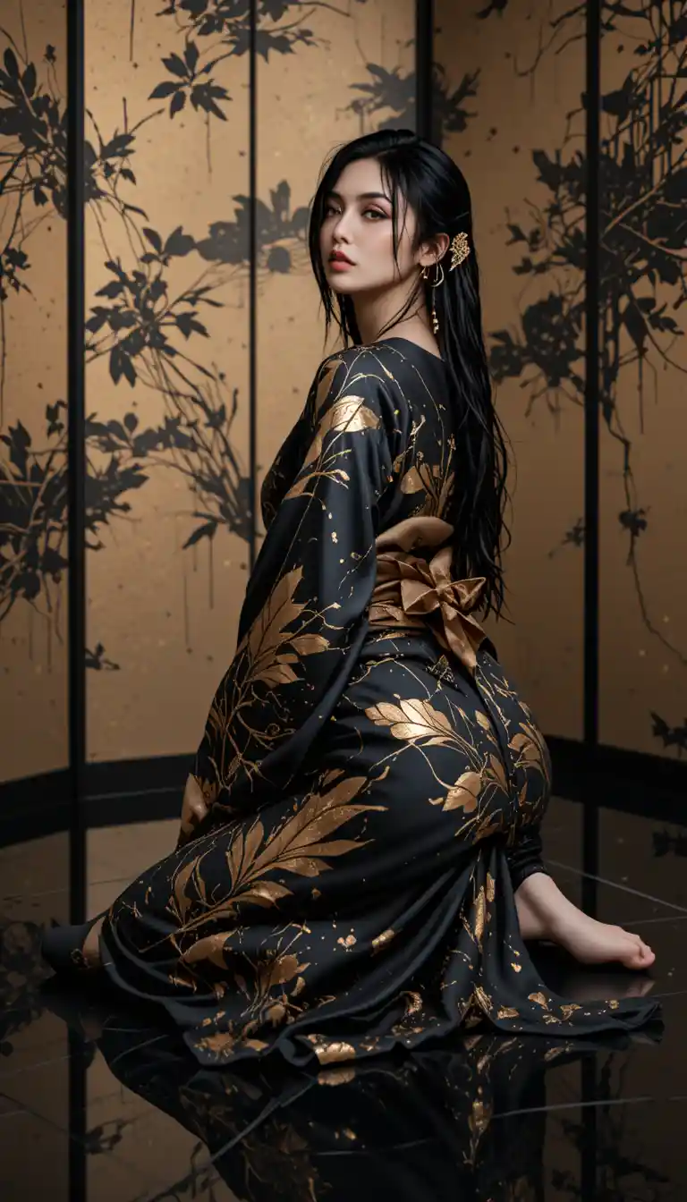 Elegant woman in black kimono on reflective dark floor