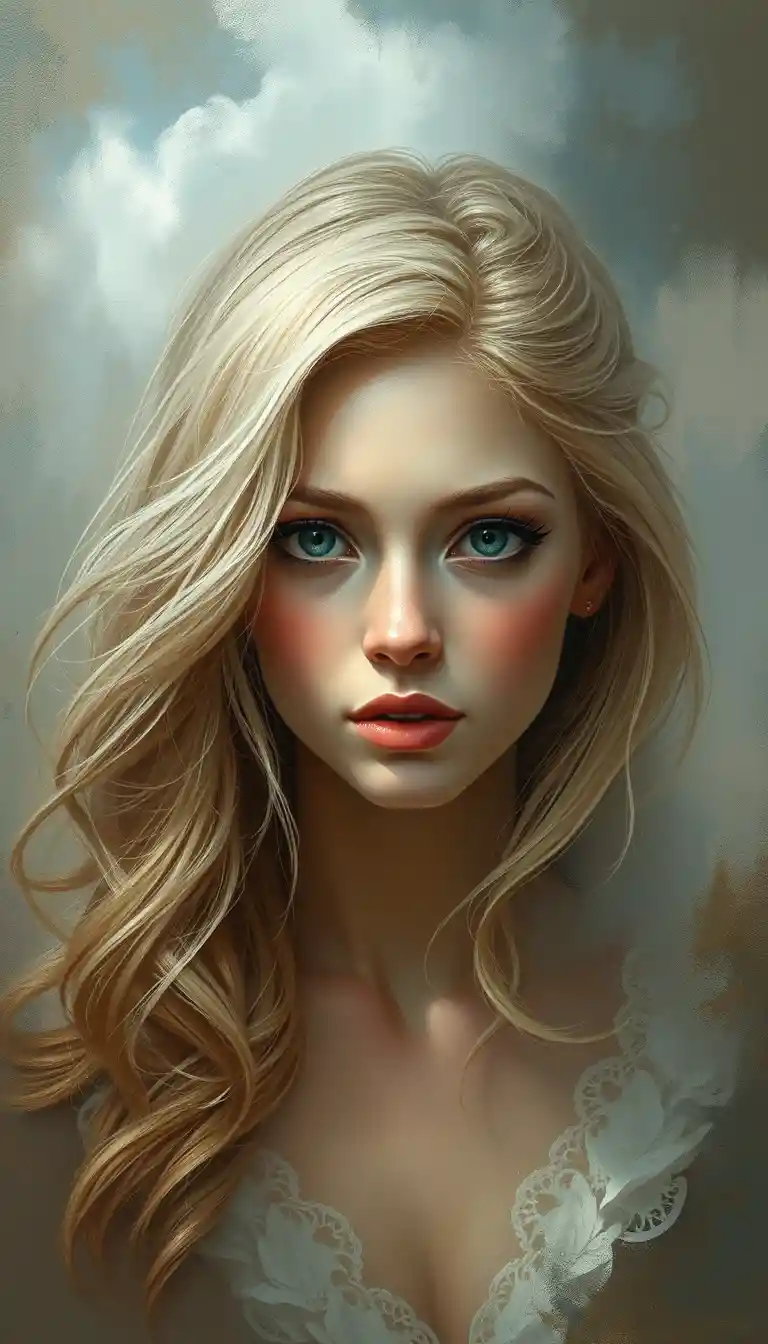 Oil portrait of a blonde young woman in soft misty tones