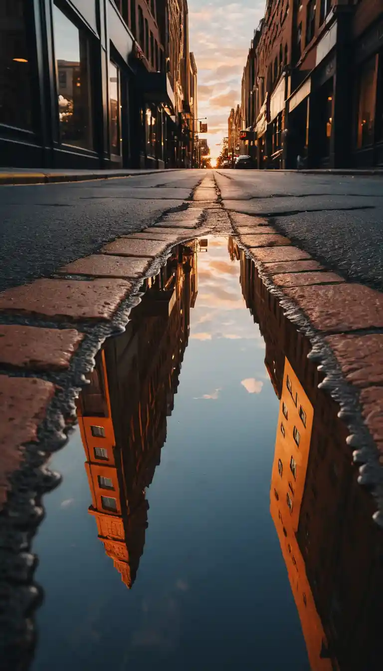 City buildings reflected in a puddle under glowing evening sky