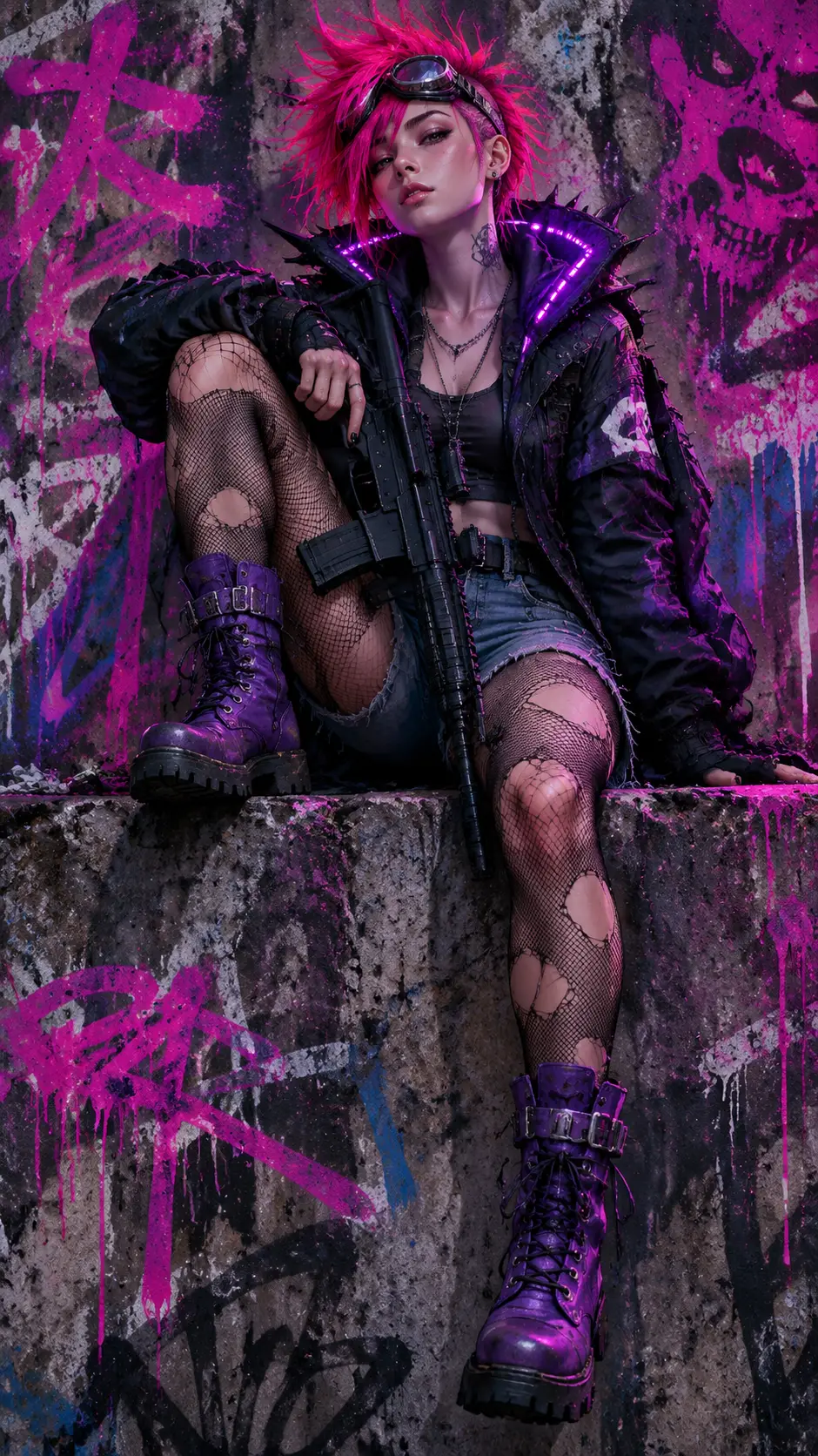 Rebellious Punk Woman With Rifle Against Graffiti Wall