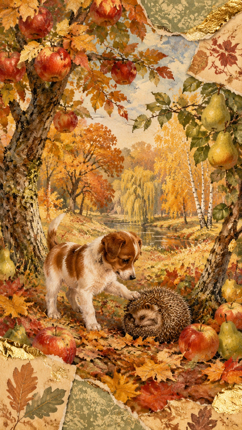 Ouriço e cachorro em colagem de floresta colorida de outono