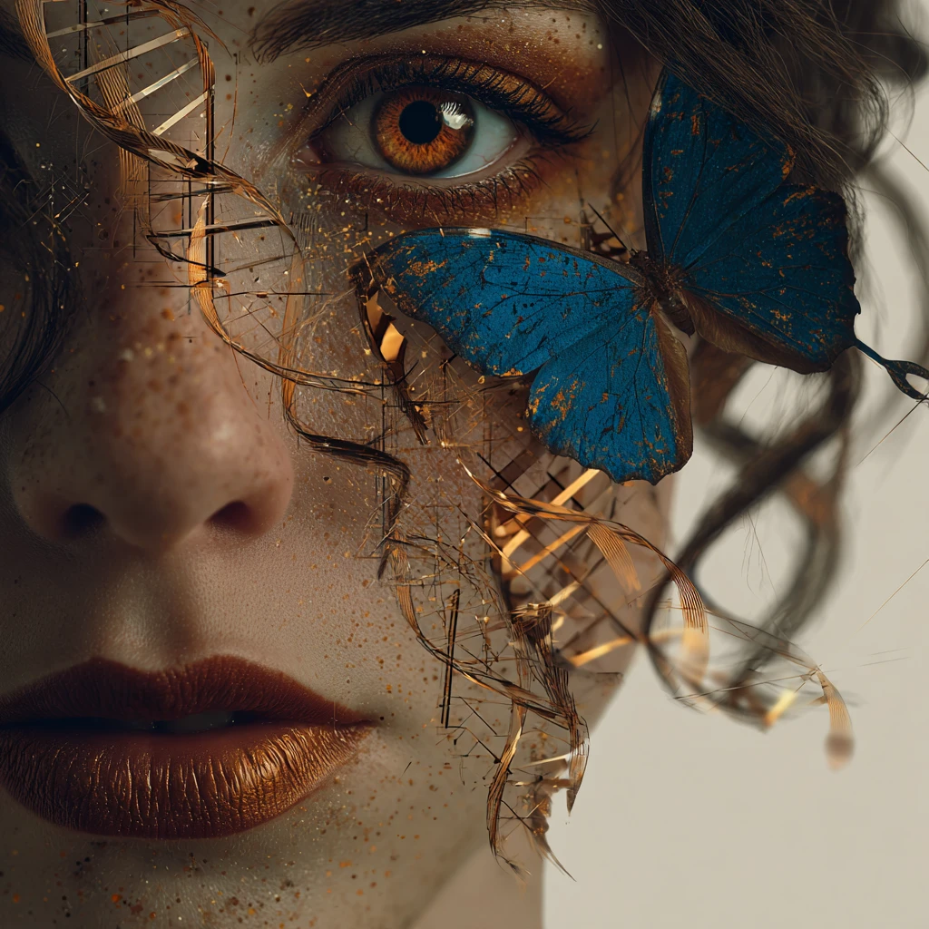 Retrato surreal em dupla exposição de uma mulher com motivo de DNA