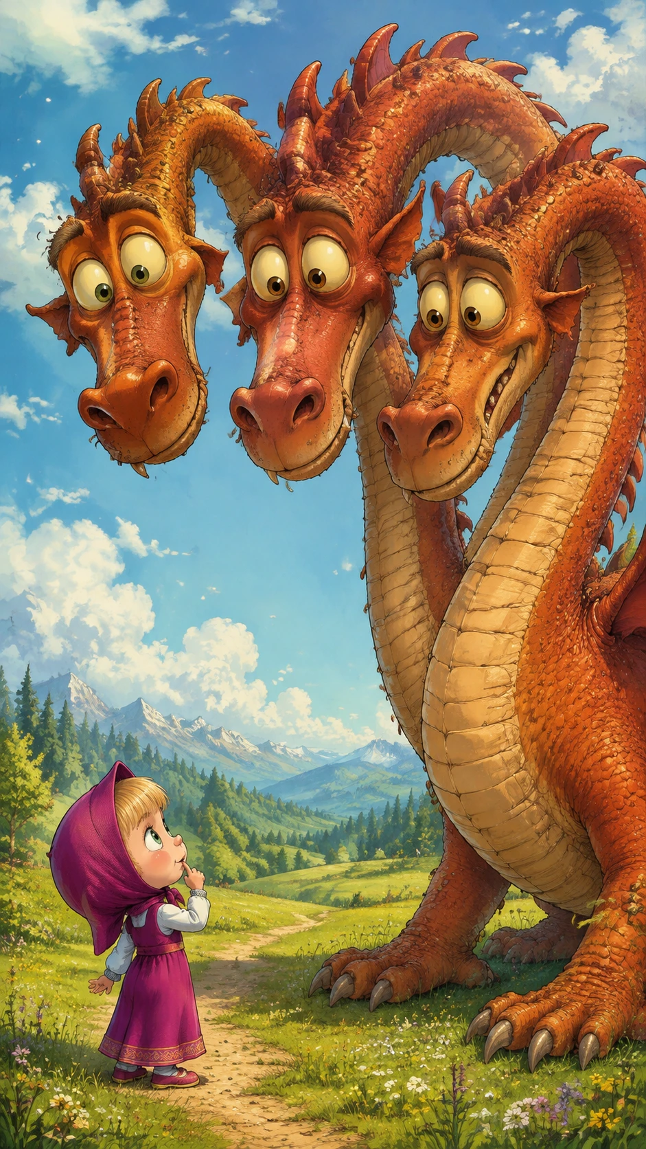 Petite fille curieuse face à un dragon à trois têtes dans un champ