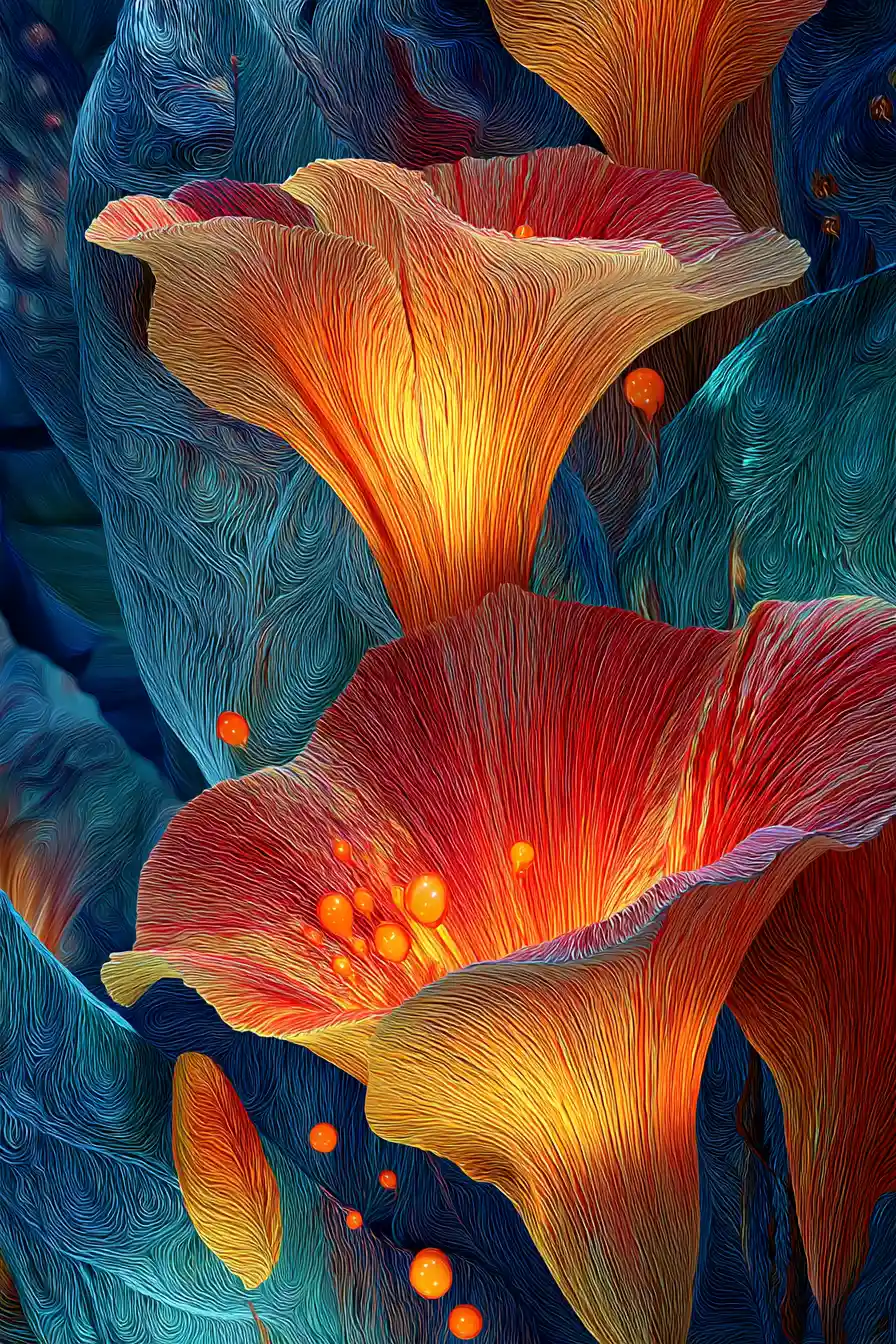 Abstract digital flowers with vibrant swirling colorful background