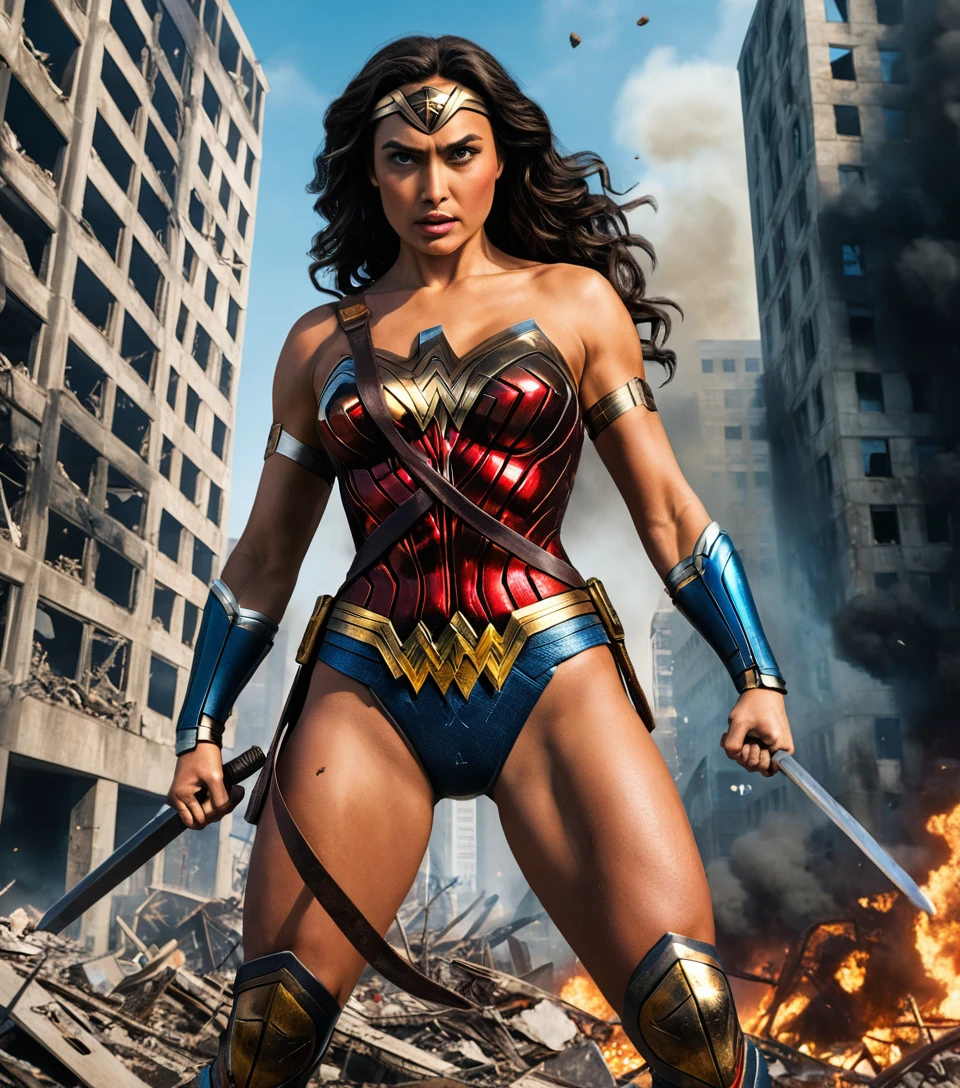 Guerriera che prende a calci un robot in esplosione in una città futuristica in rovina