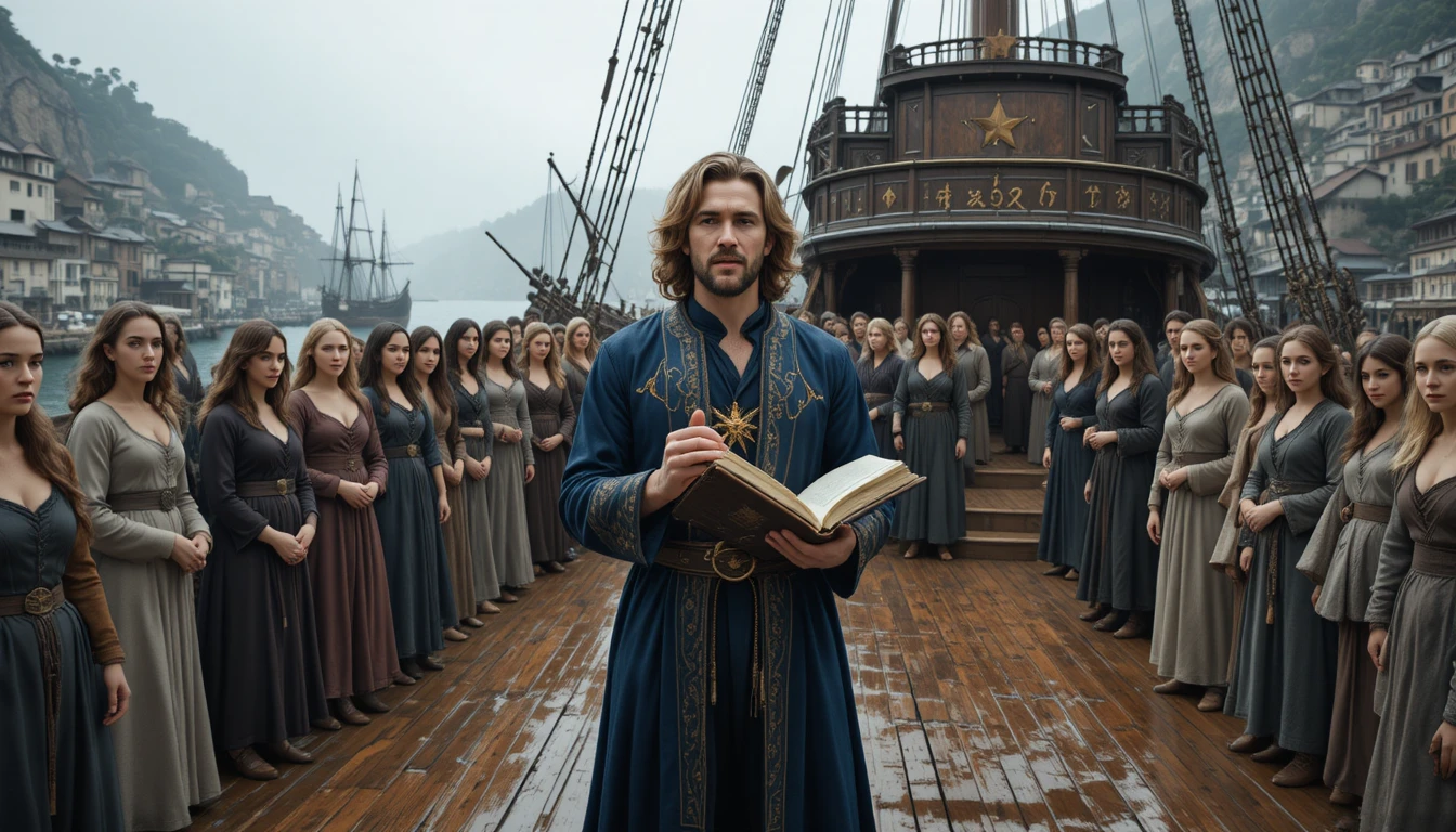 Man preaching to women on a medieval sailing ship deck