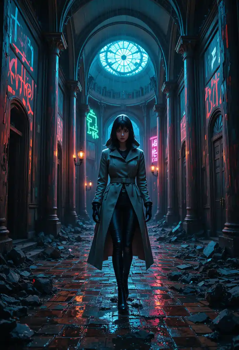 Cyberpunk android woman in a ruined neon cathedral