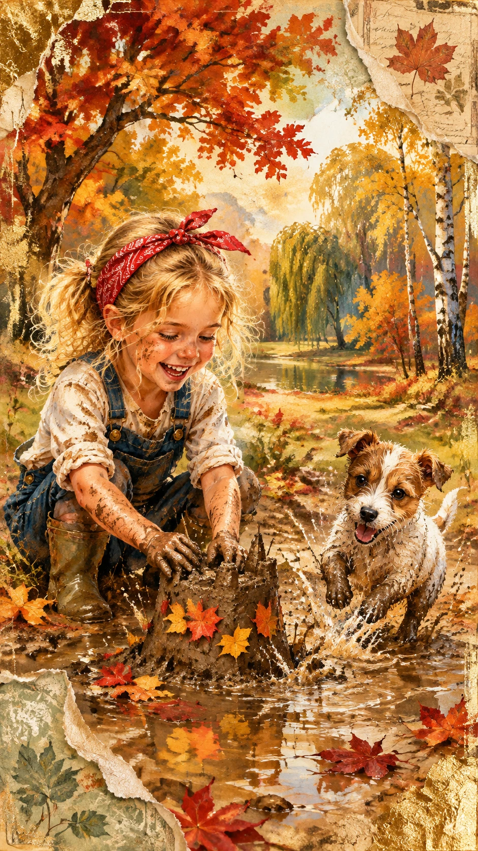 Fröhliches Mädchen spielt im herbstlichen Schlamm mit ihrem Hund