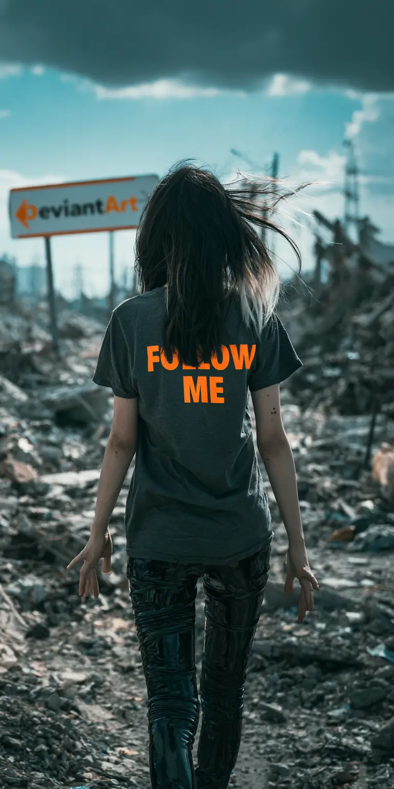 Woman walking through ruined city toward a lone road sign