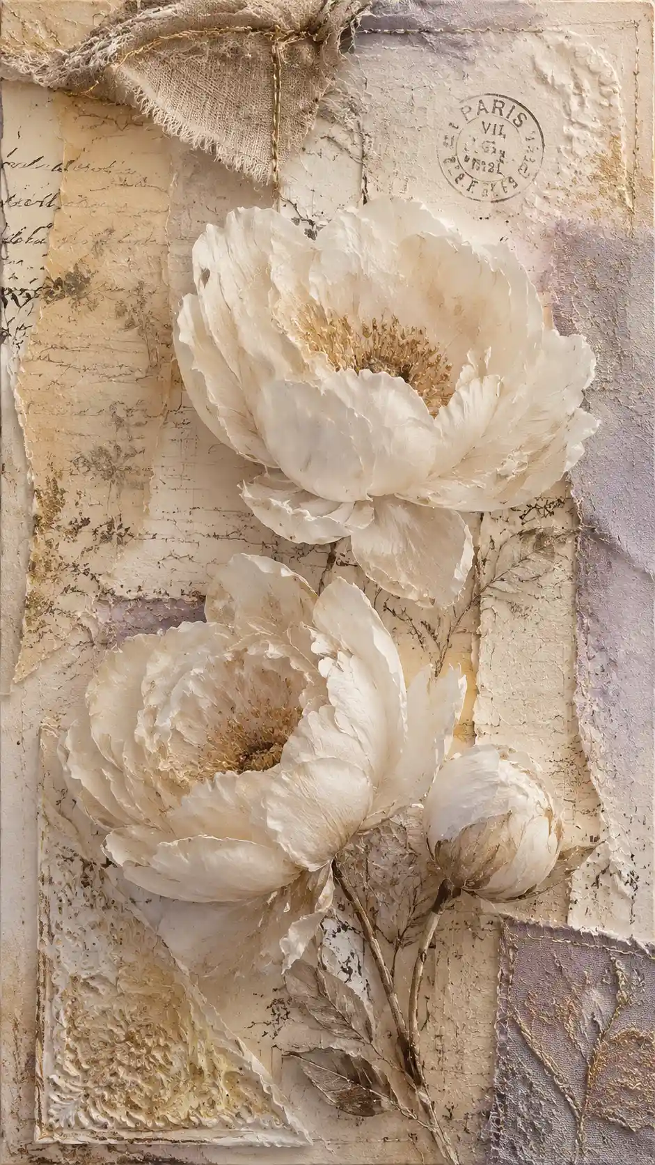 Soft mixed media collage with white peonies and gold accents