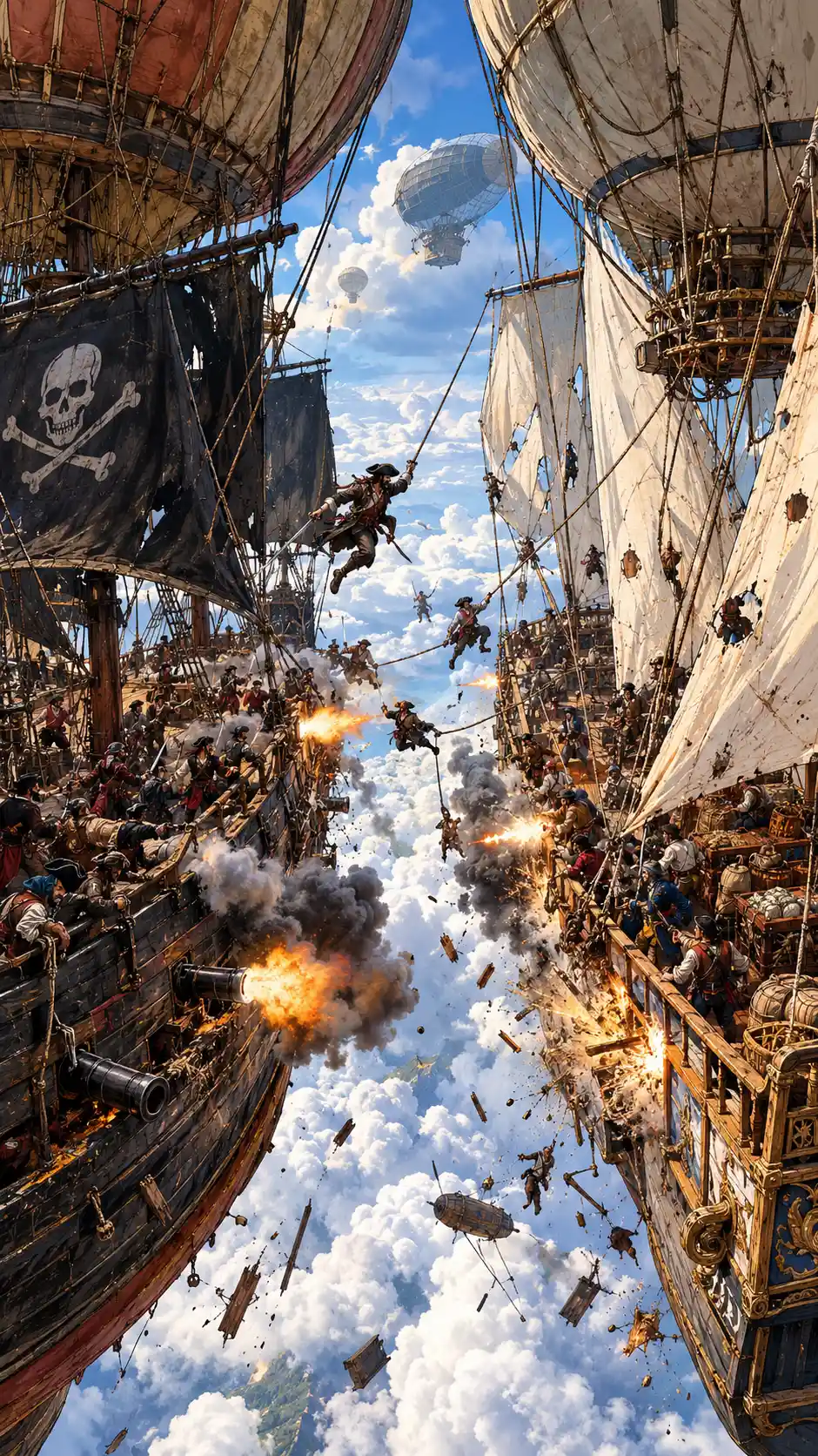 Pirate airships locked in a fierce skyboarding battle