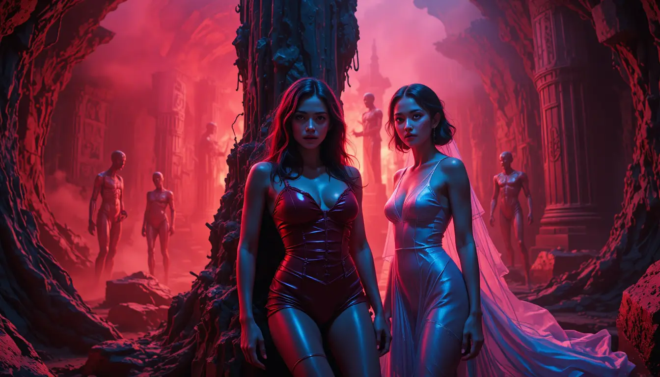 Due donne surreali in un mondo sotterraneo illuminato al neon