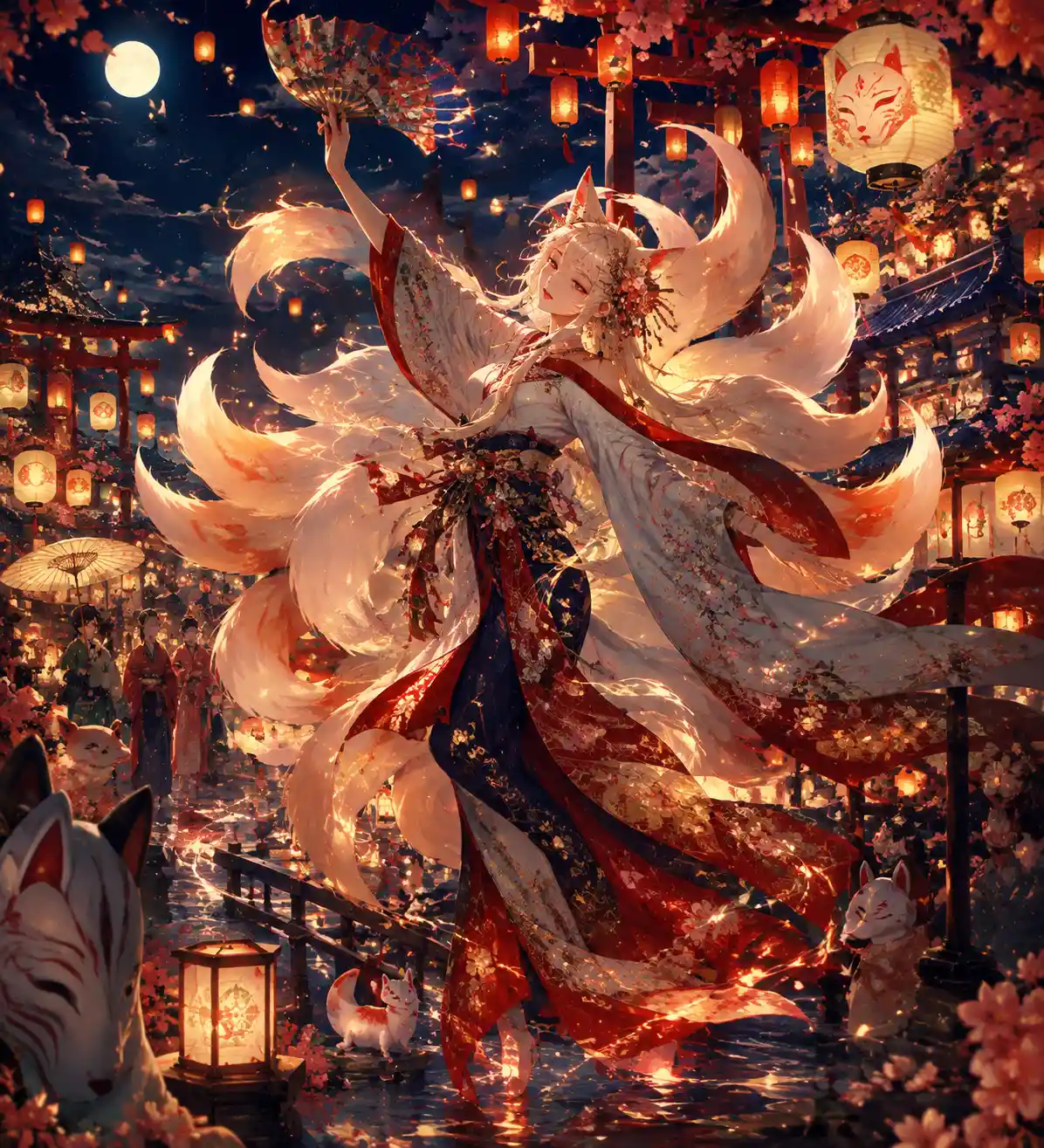 Nine tailed fox spirit dancing among glowing festival lanterns