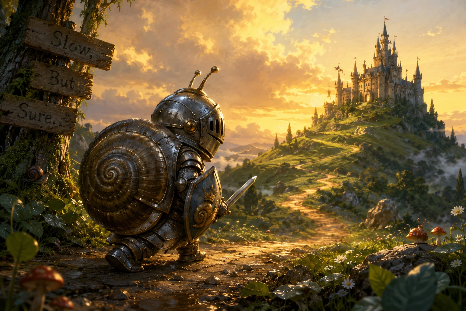 Pequeno cavaleiro em concha de caracol marchando rumo a um castelo distante