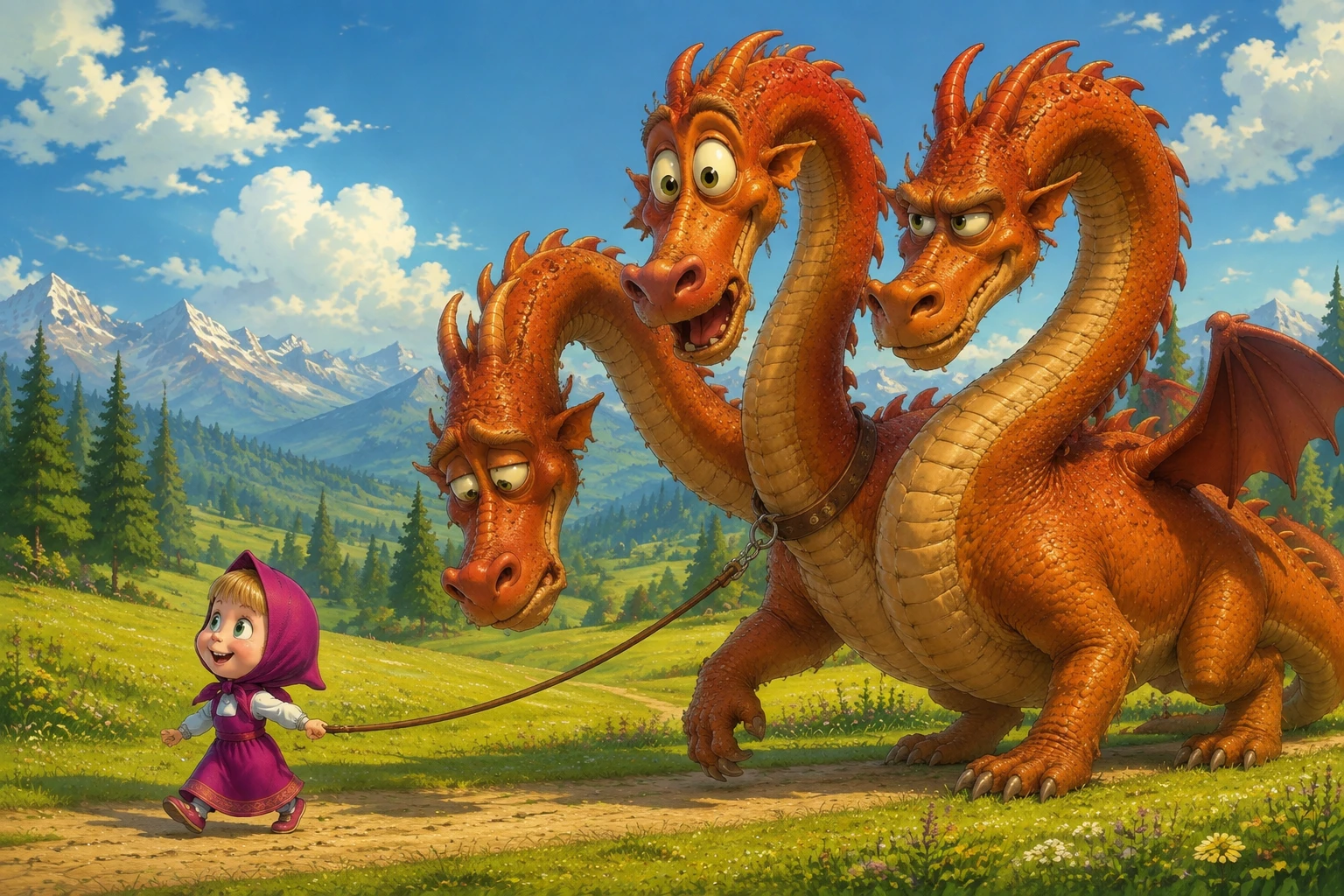 Joven caminando con un dragón de tres cabezas atado con correa