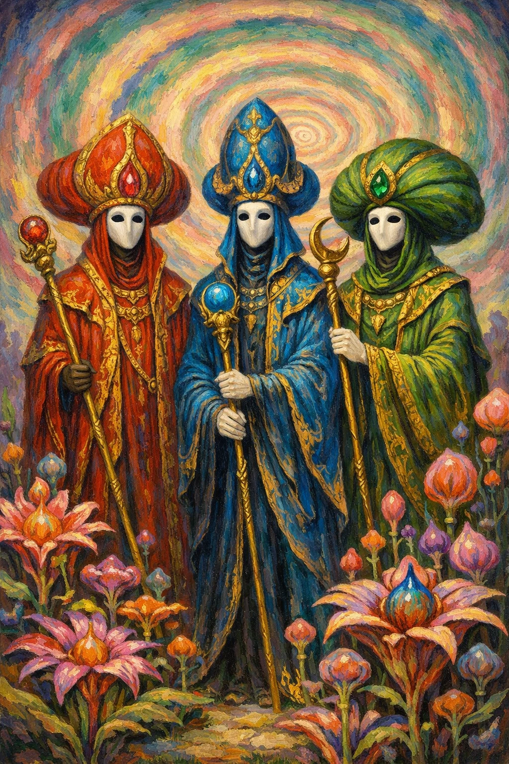 Figuras con túnicas surrealistas bajo un cielo espiral en tonos pastel
