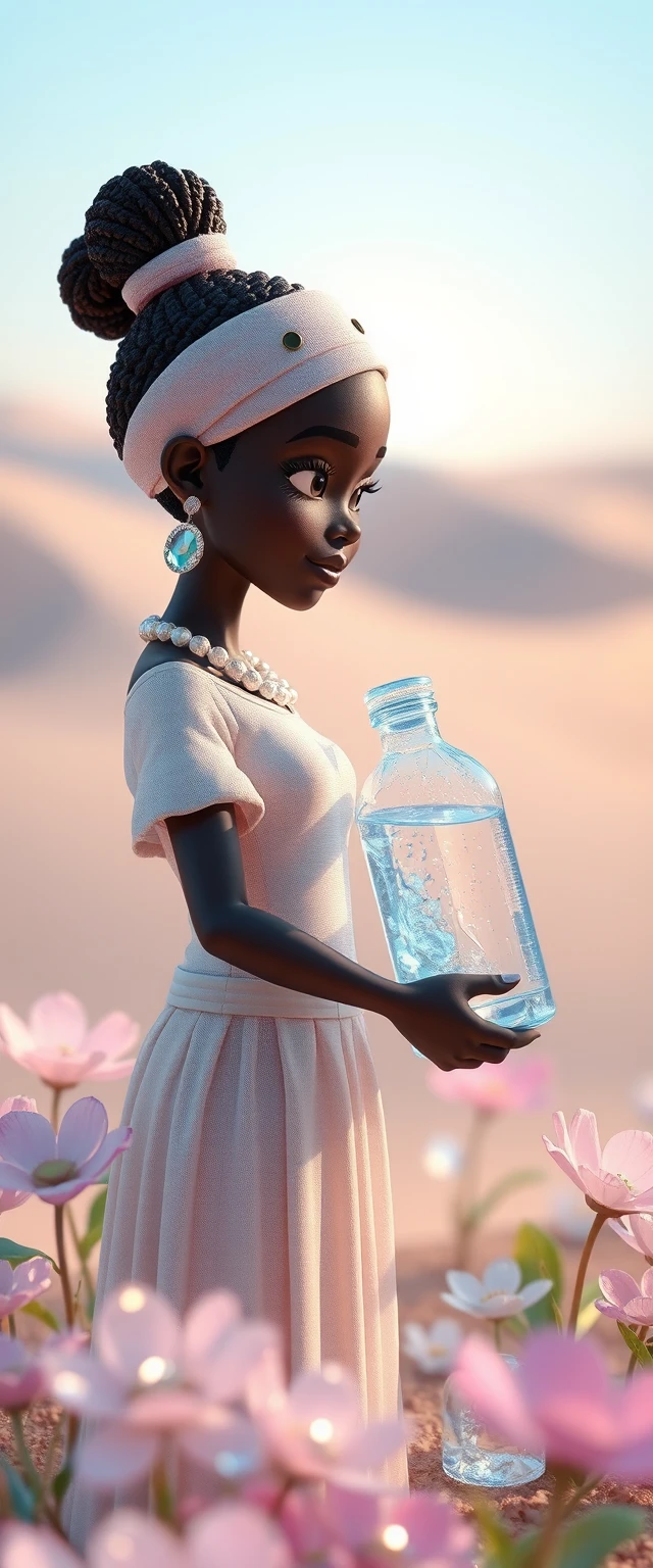 African girl holding a crushed empty water bottle in desert