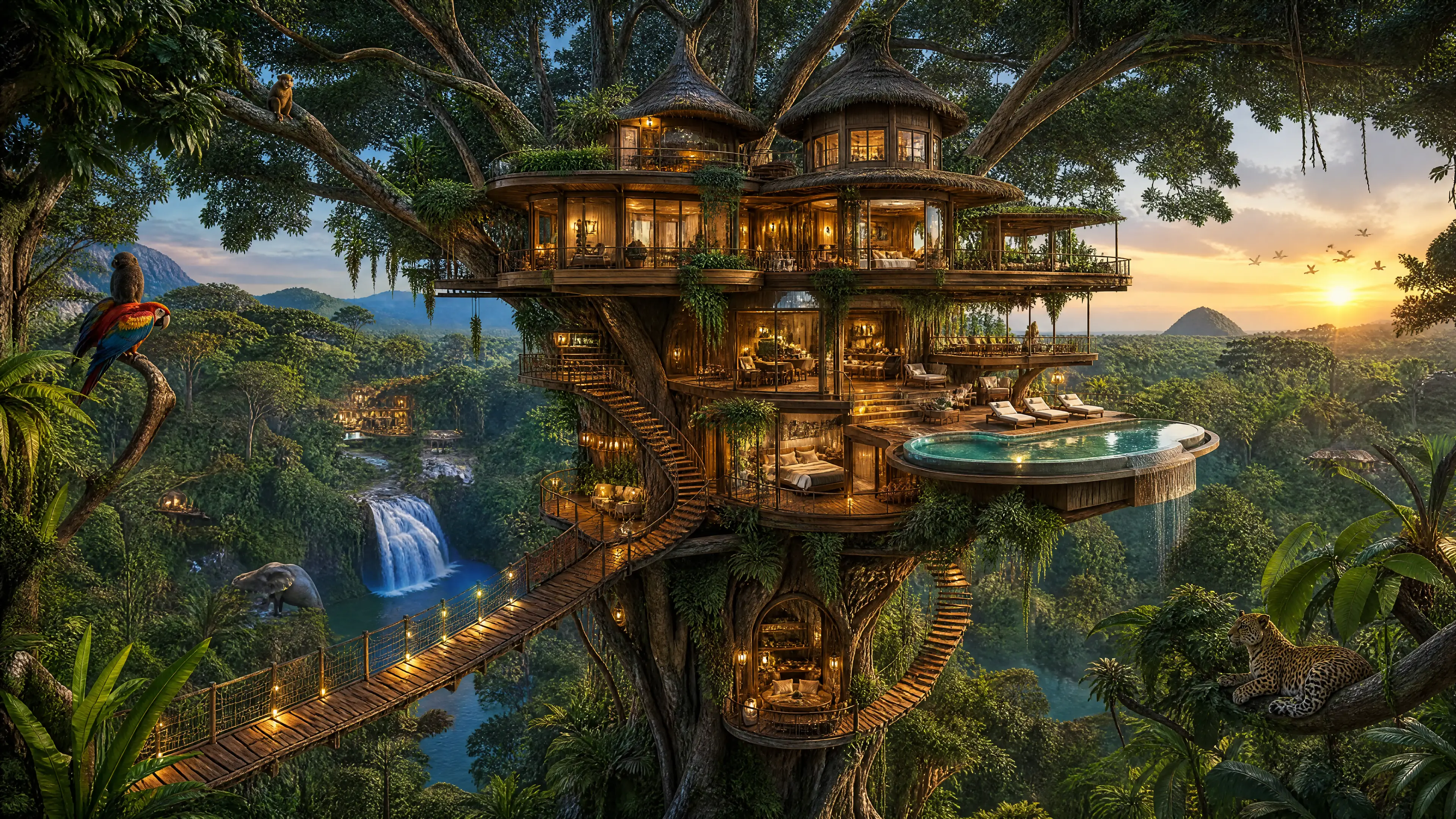 Luxurious private treehouse in a lush tropical jungle