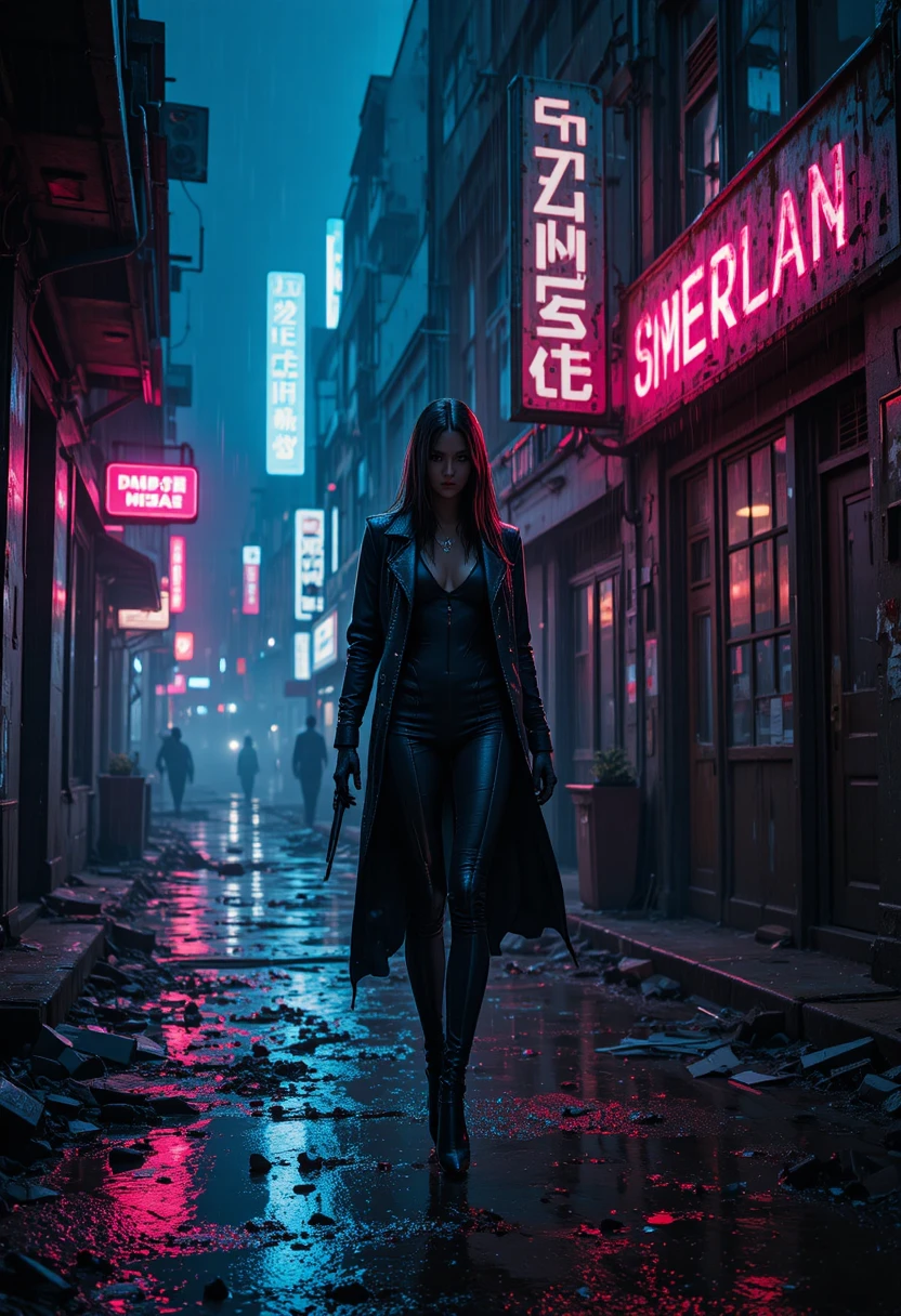 Androide assassina em uma cidade cyberpunk banhada em néon