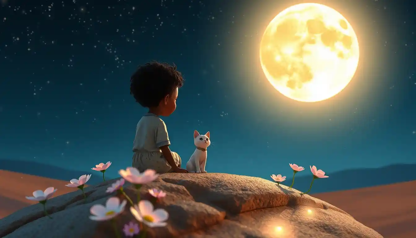 Child and cat on a rock under a glowing full moon