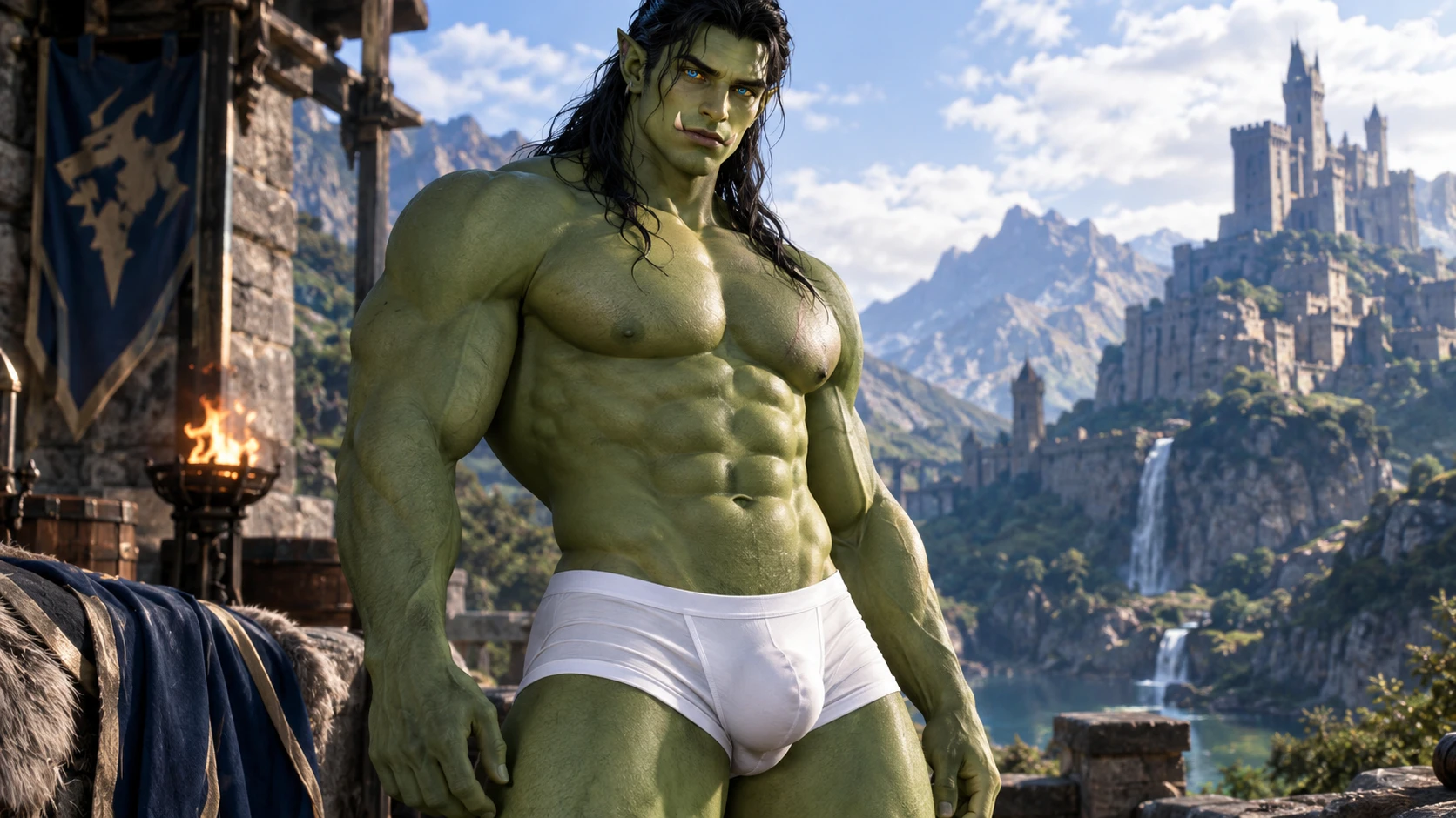 Orc verde alto de cueca branca com corpo musculoso