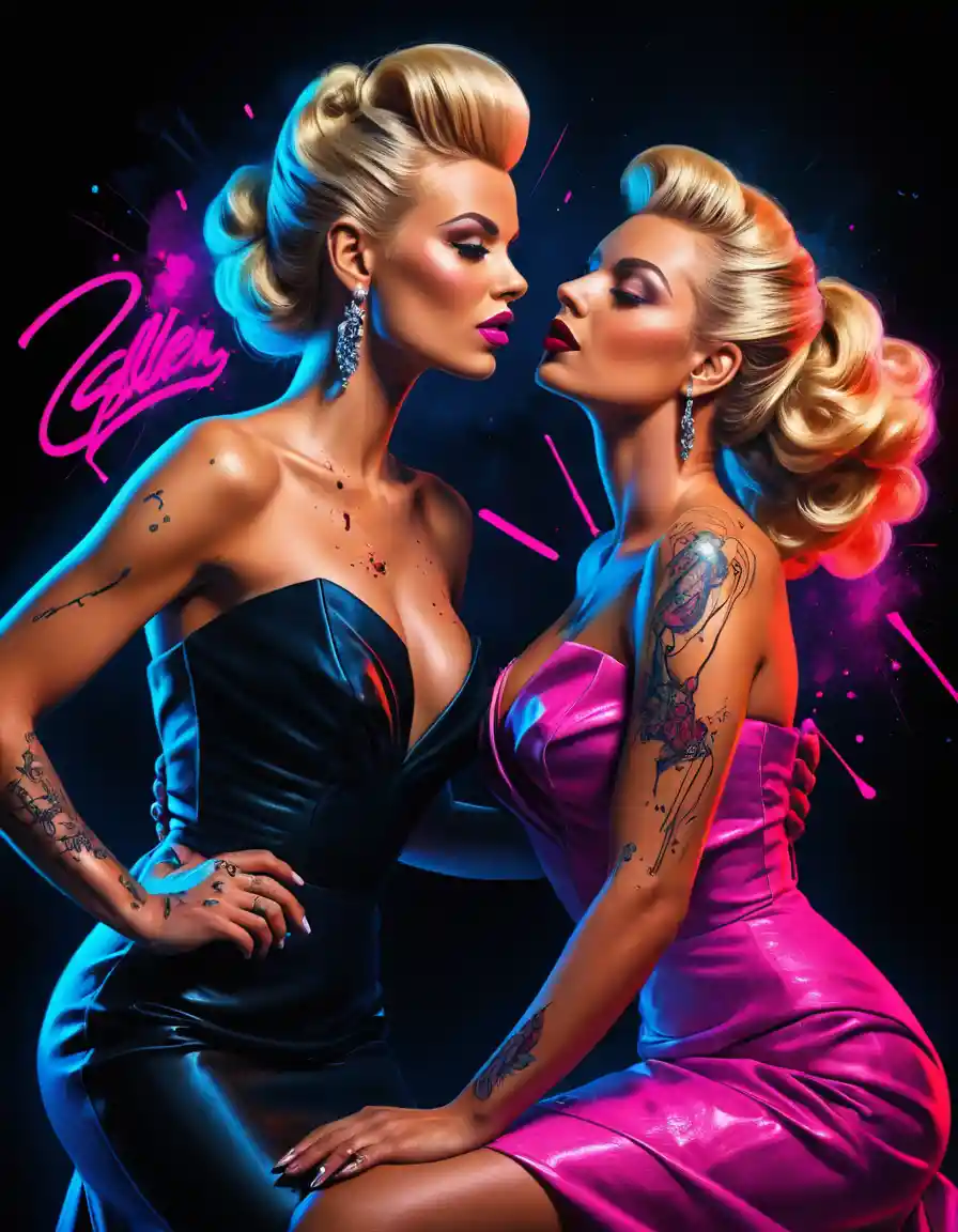 Neon lit blonde pinup woman in elegant gala gown