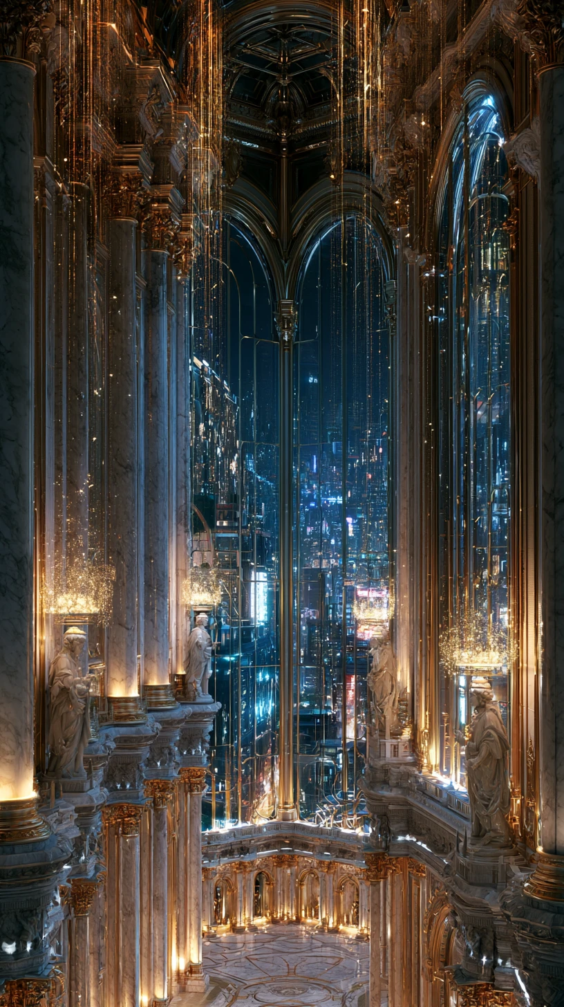 Majestätische Marmorhalle, in der klassische Säulen mit futuristischem Design verschmelzen