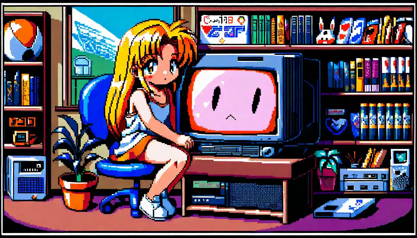 Ragazza anime seduta accanto a un computer CRT vintage nella stanza