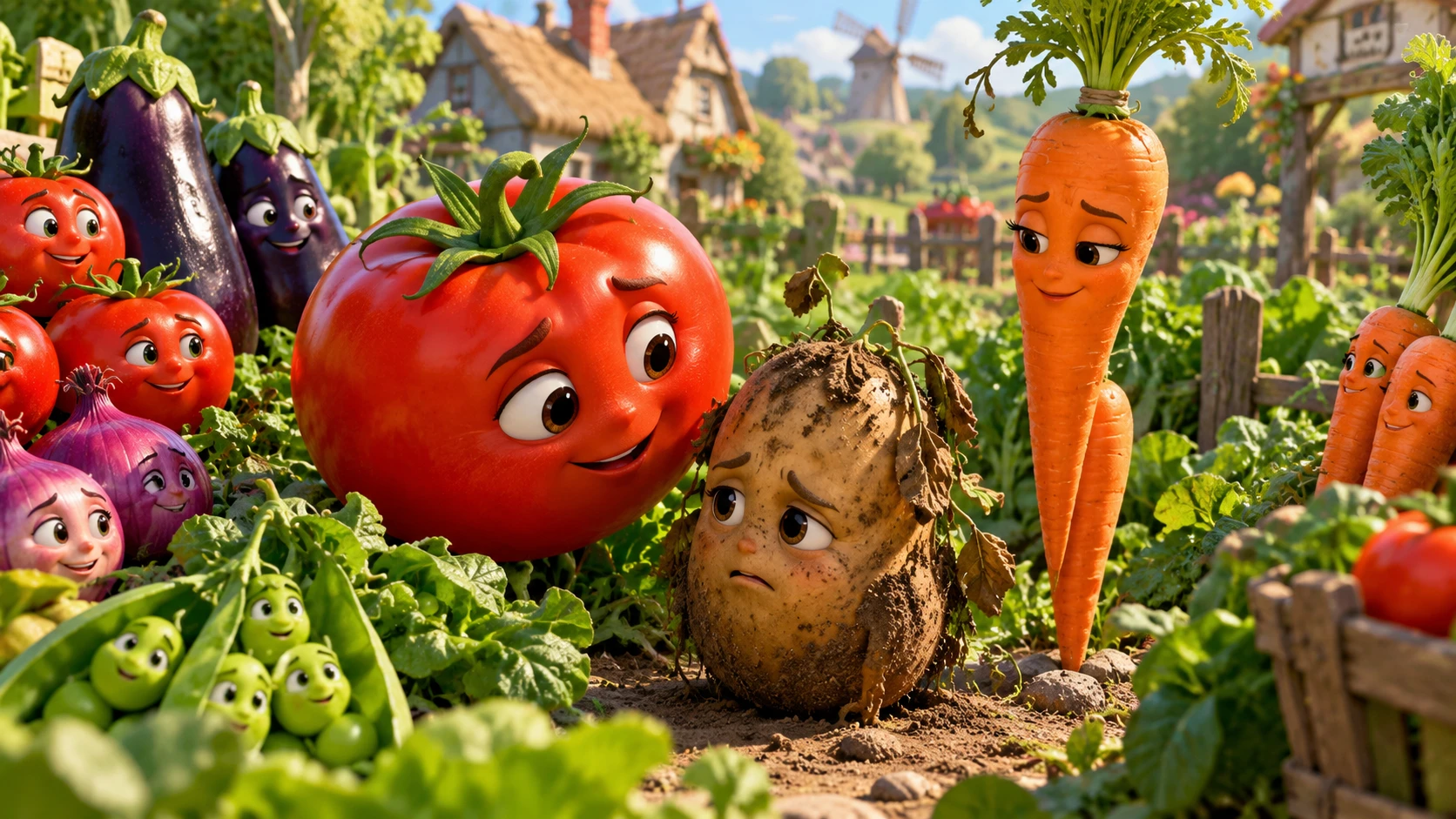 Divertidas verduras de granja reunidas en un pueblo verde y frondoso