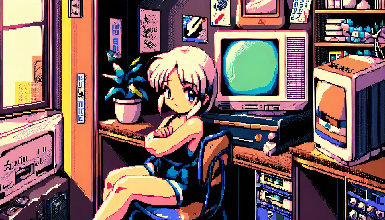 Anime girl sitting by retro CRT computer in pixel art