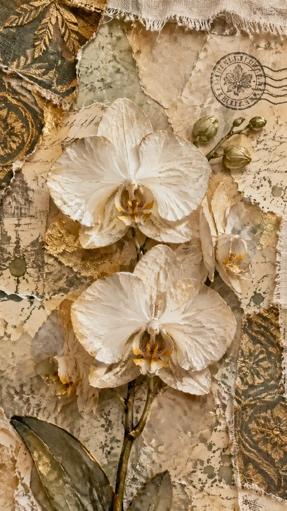 Mixed Media Collage Portrait Of White Orchid With Gold Accents