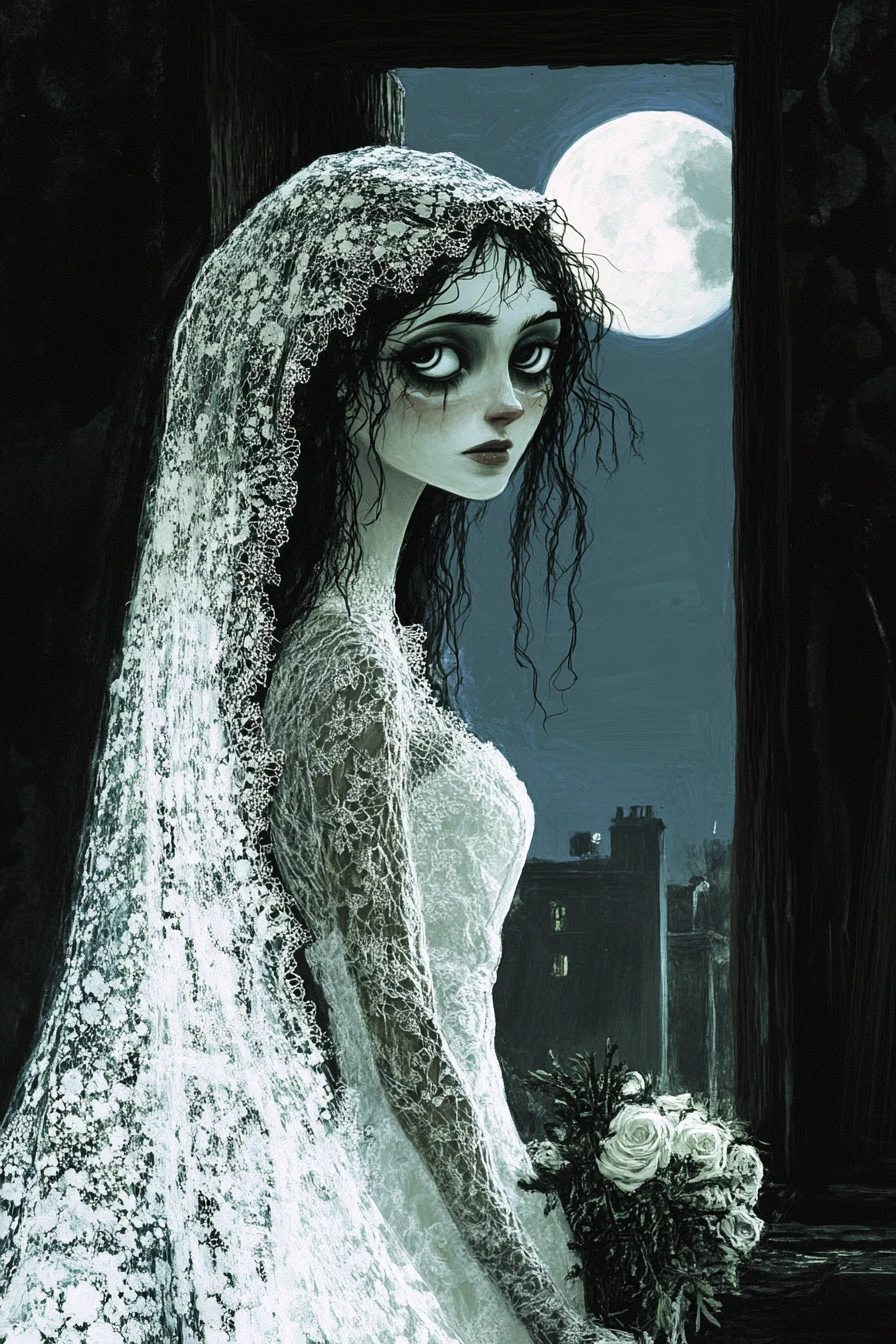 Sposa inquietante in pizzo strappato tra vecchie tombe