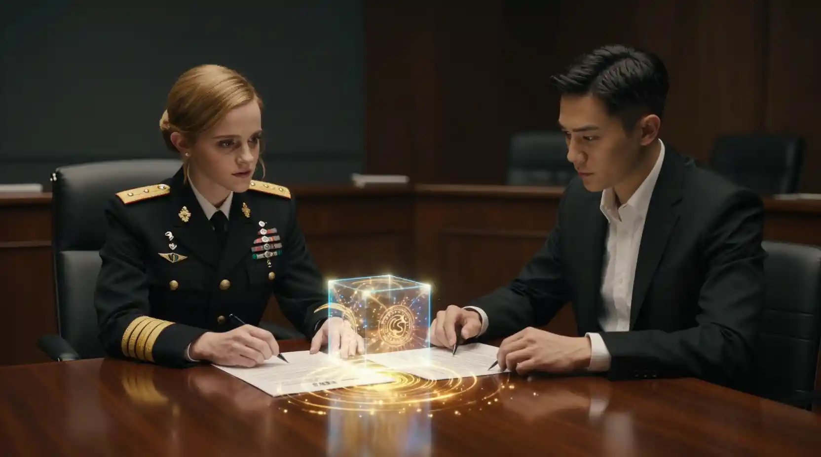 Tense briefing room meeting with general and young agents