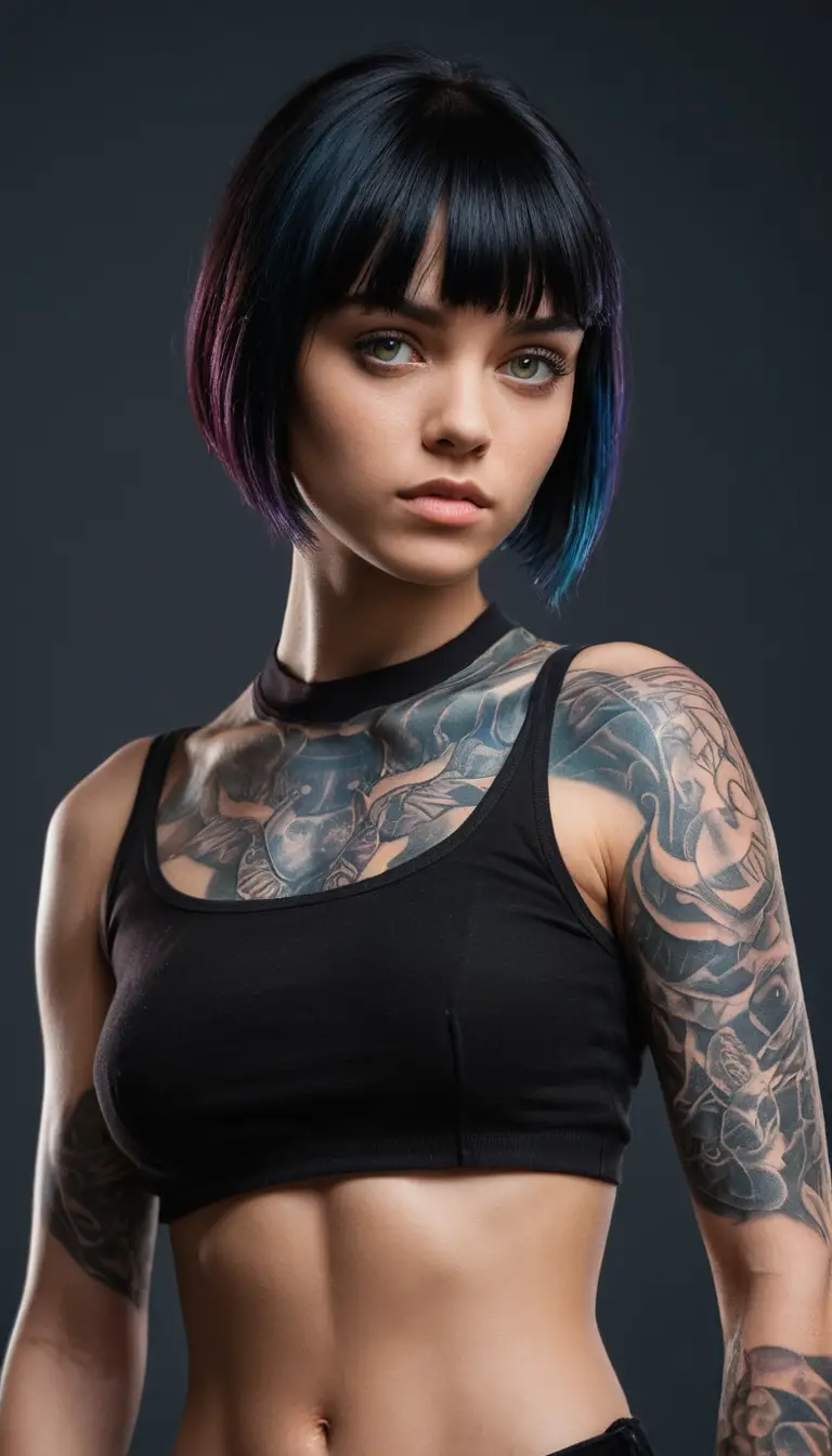 Femme fantastique tatouée posant en tenue noire brillante