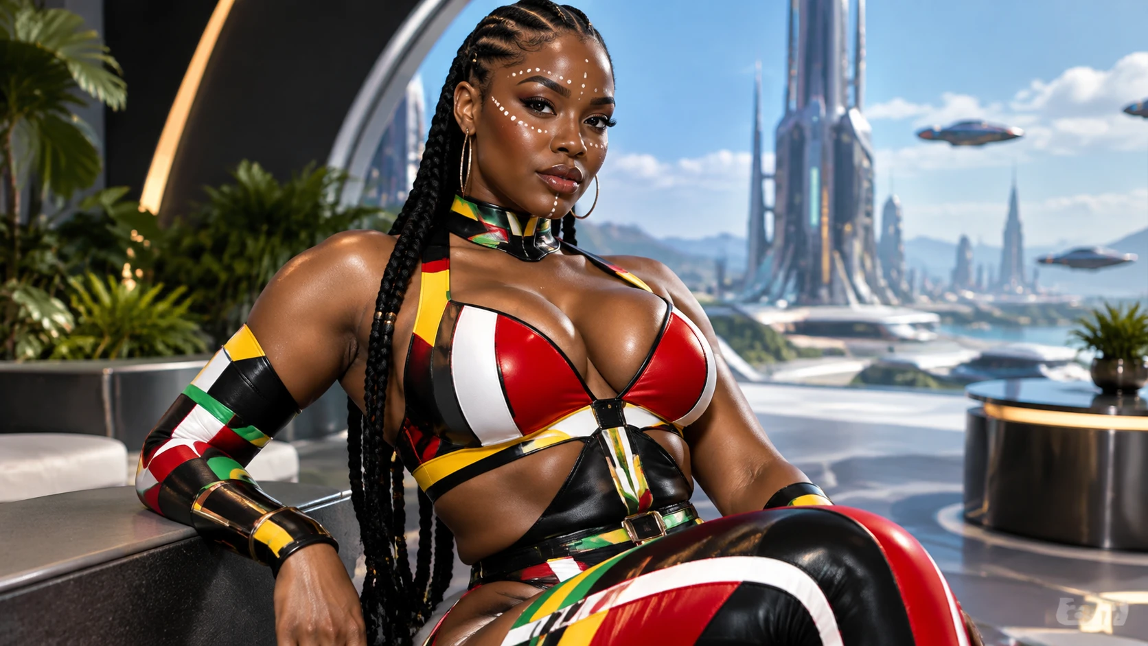 Mulher africana curvilínea em moda tribal futurista e colorida
