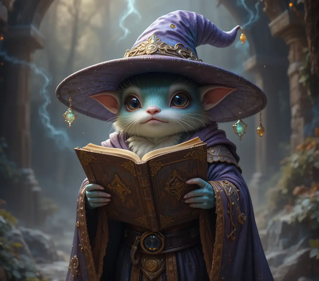 戴著魔法帽、手拿古老書本的可愛奇幻生物