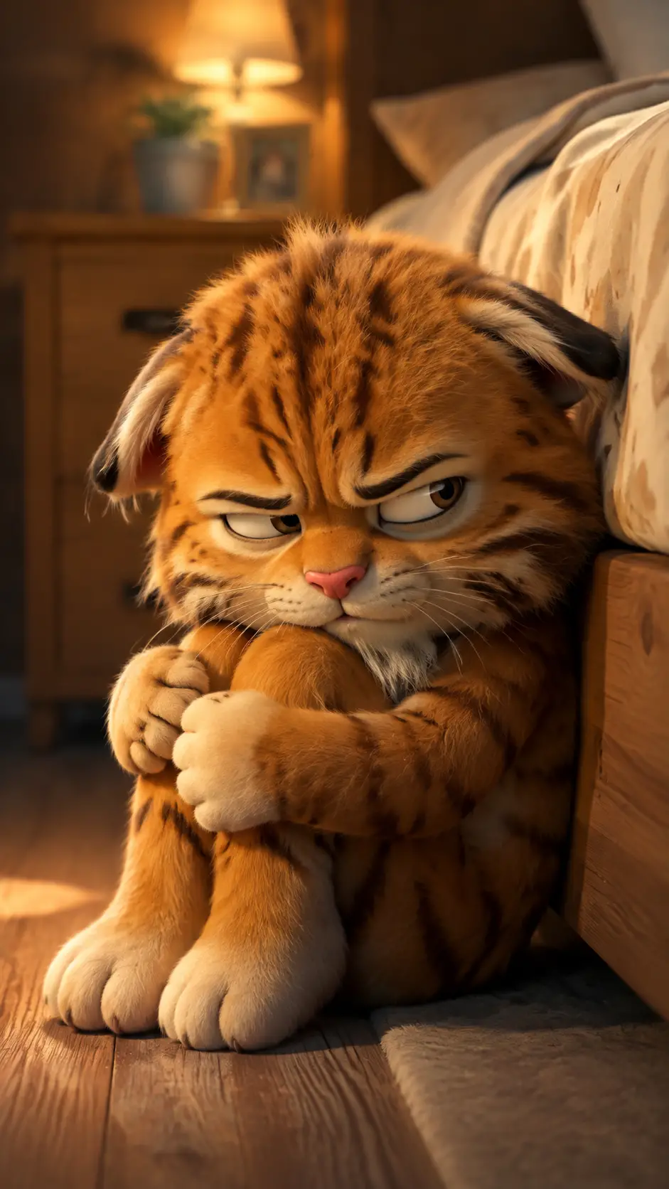 Grumpy young lynx sitting by a bed in warm light